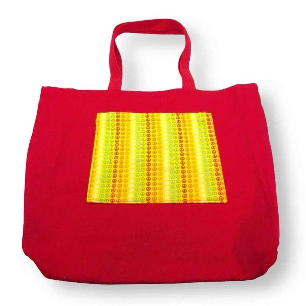 Red Canvas Tote with Rainbow Peace Sign inner pouch 2-piece set NEW